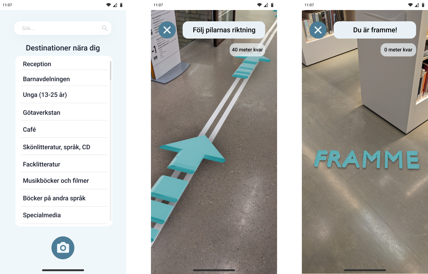 AR prototype running in the library - destination list, navigation arrow, and arrival state
