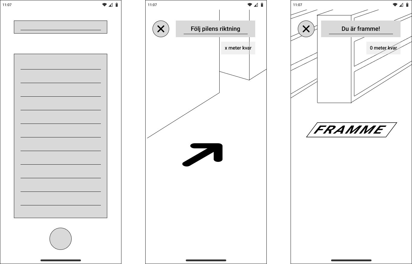 Low-fidelity wireframes of the three core app states