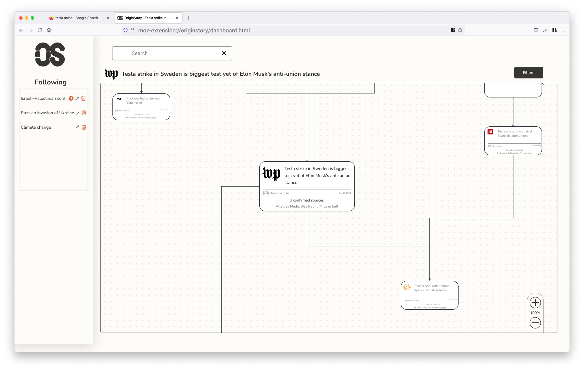 OriginStory dashboard